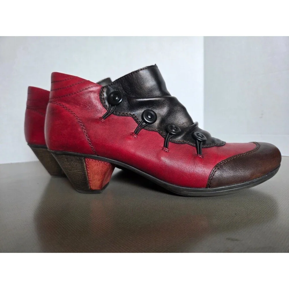 Remonte Dorndorf Red Heeled Leather Lace up Booties Boots Side Zip Womens 37